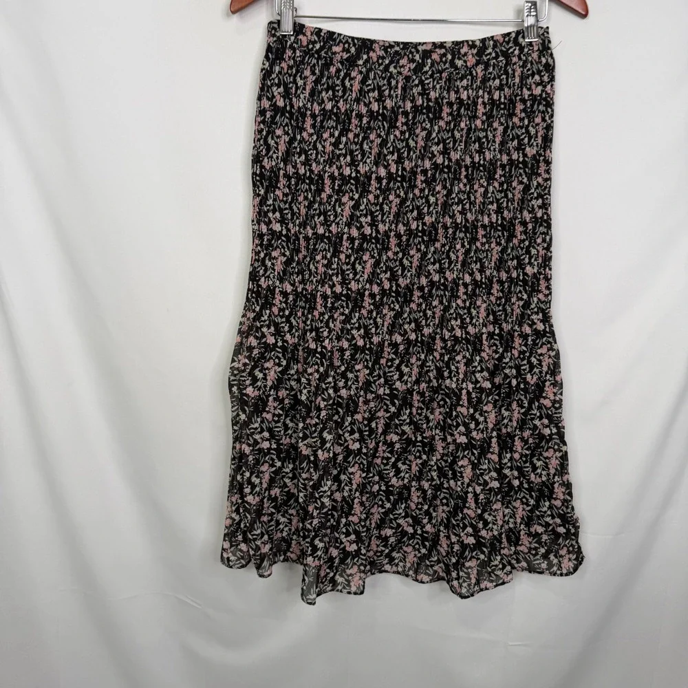 Skies Are Blue Floral Smocked Midi Skirt Black Pink Pleated MP NEW